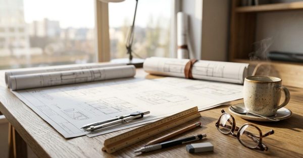 Architectural blueprints, drafting tools, glasses, and a coffee cup on a workspace desk near a window.