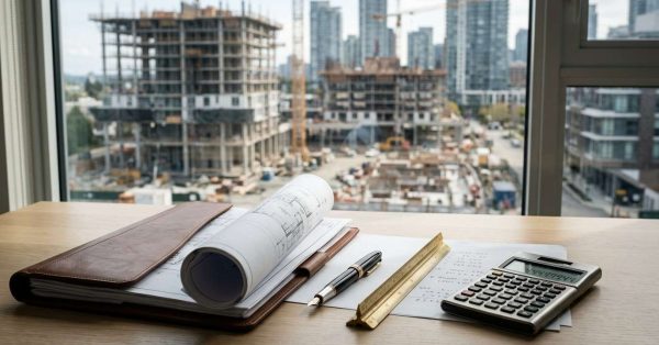 Construction plans, calculator, and budget documents on a desk overlooking an urban building site.