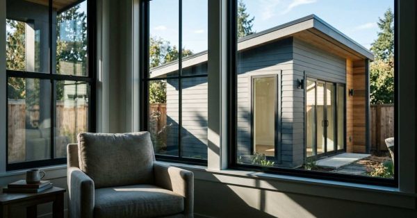View from inside a home overlooking a backyard ADU through large windows, illustrating how an accessory dwelling unit can affect sunlight, views, and residential privacy.