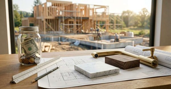 Home construction budget planning with architectural blueprints, material samples, fixtures, and savings jar overlooking a residential building site.