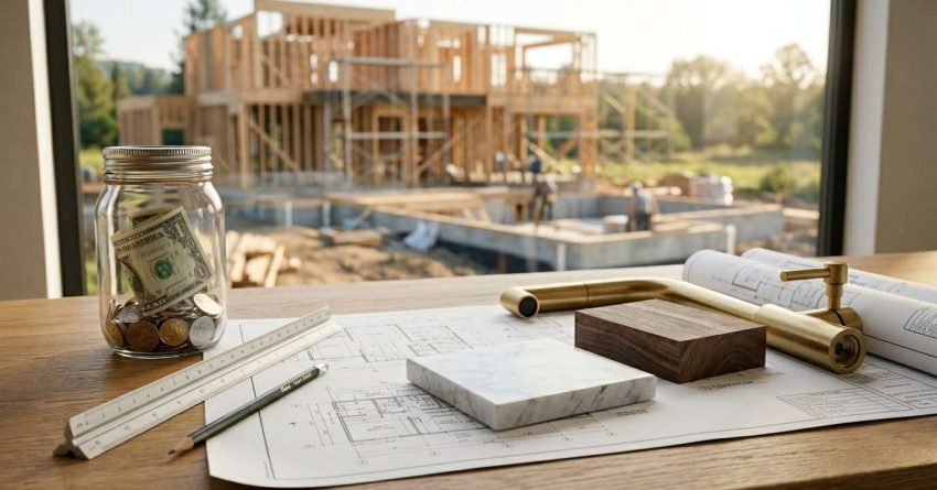 Home construction budget planning with architectural blueprints, material samples, fixtures, and savings jar overlooking a residential building site.