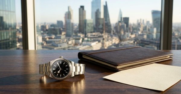Luxury wristwatch, leather planner, and envelope on a desk overlooking a modern city skyline through floor-to-ceiling windows.