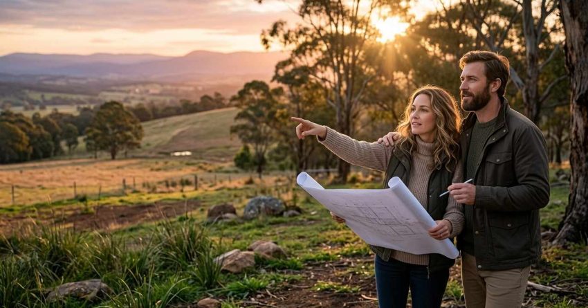 Couple reviewing house plans on a rural property at sunset.