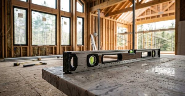 Spirit level on a home construction site.