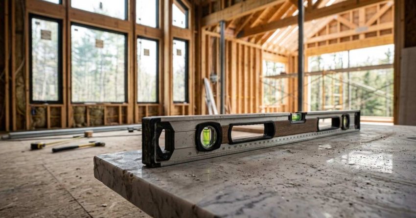 Spirit level on a home construction site.