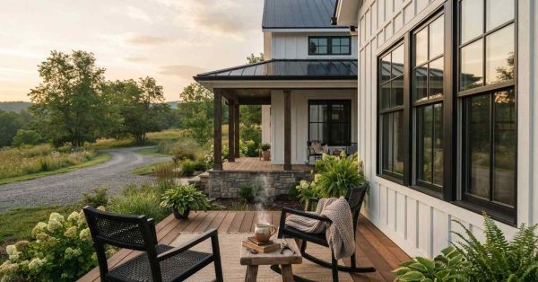 Modern farmhouse exterior with a covered front porch, rocking chairs, black-framed windows, white board-and-batten siding, and landscaped gardens at sunset.