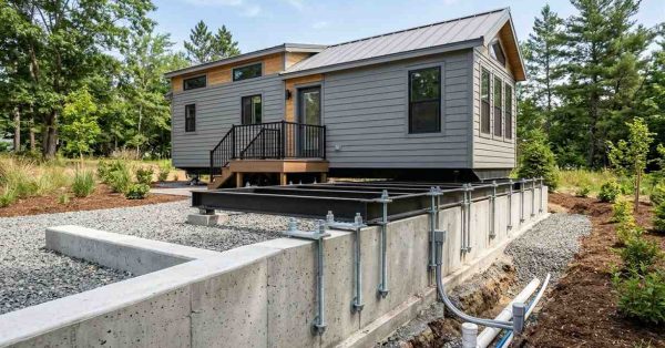 Park model home beside a permanent foundation system with concrete walls, steel supports, and utility connections.