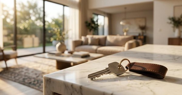 House key with a leather keychain resting on a marble kitchen countertop in a modern home.