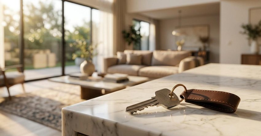 House key with a leather keychain resting on a marble kitchen countertop in a modern home.