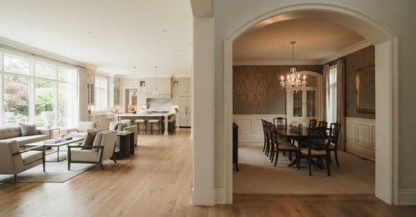 Side-by-side comparison of an open-concept living and kitchen area with a traditional formal dining room separated by an arched doorway.