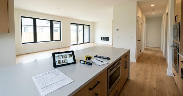 Modern kitchen island with home inspection checklist, measuring tools, and a tablet in a newly built house.