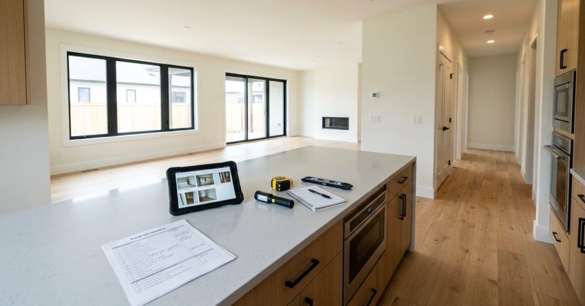 Modern kitchen island with home inspection checklist, measuring tools, and a tablet in a newly built house.