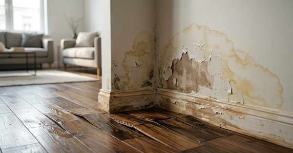 Water-damaged wall and warped hardwood flooring with peeling paint, staining, and mold growth near the baseboard.