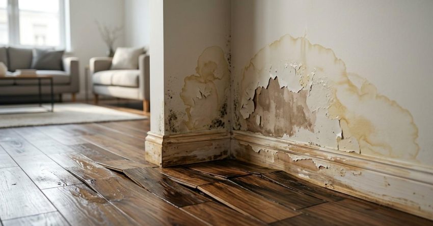 Water-damaged wall and warped hardwood flooring with peeling paint, staining, and mold growth near the baseboard.