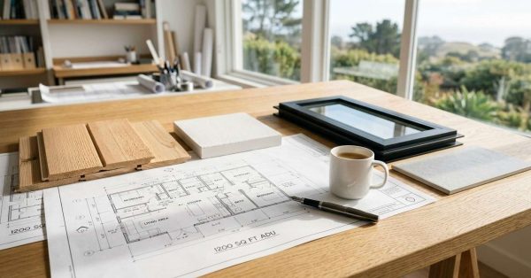 Architectural ADU floor plans with wood, tile, insulation, and window frame samples, plus a coffee cup and pen on a drafting desk for accessory dwelling unit planning.
