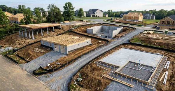 Aerial view of multiple residential homes under construction showing foundations, basements, framing, and site development stages
