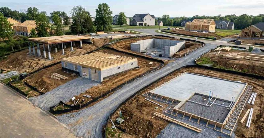 Aerial view of multiple residential homes under construction showing foundations, basements, framing, and site development stages