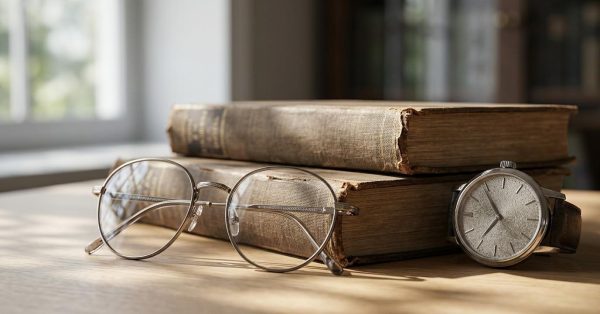 Vintage books, round eyeglasses, and a wristwatch arranged on a wooden desk, symbolizing timeless knowledge, planning, and experience.