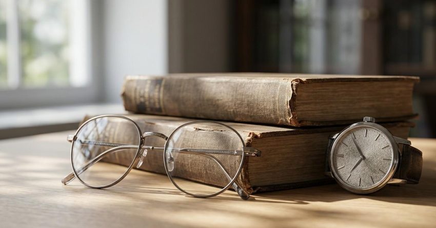 Vintage books, round eyeglasses, and a wristwatch arranged on a wooden desk, symbolizing timeless knowledge, planning, and experience.