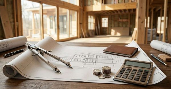 House construction blueprint with drafting tools, calculator, and cost estimates on a desk inside a partially built home.