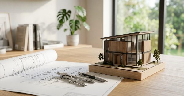 Architectural model, blueprints, and drafting tools displayed on a desk, representing the home design and planning phase before construction or renovation.