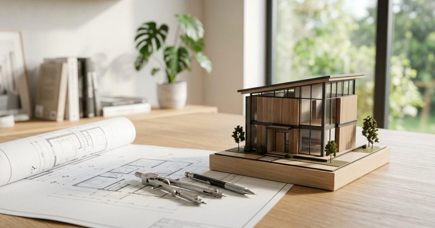 Architectural model, blueprints, and drafting tools displayed on a desk, representing the home design and planning phase before construction or renovation.