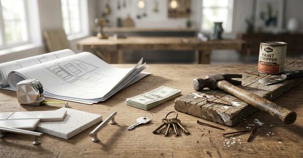 Home renovation planning materials, tools, keys, and cash displayed on a workbench, comparing property investment and remodeling options.