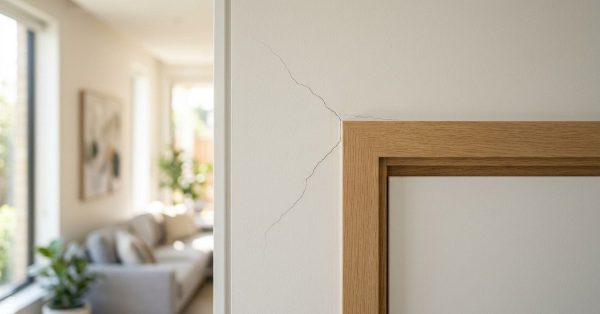 Close-up of a wall crack near a wooden door frame in a modern living room with natural light and greenery.