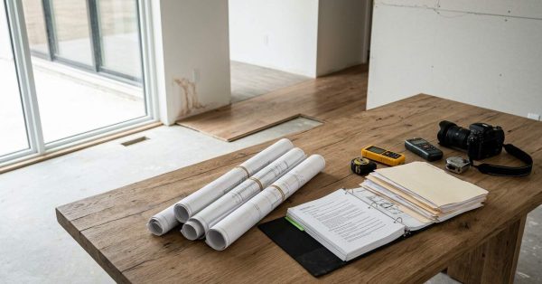 Construction inspection documents, blueprints, and measuring tools on a wooden table inside a partially finished home.