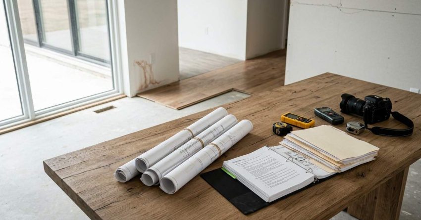 Construction inspection documents, blueprints, and measuring tools on a wooden table inside a partially finished home.