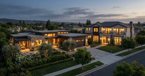 Side-by-side comparison of a modern single-story home and a traditional two-story house with landscaped yards, highlighting different residential home styles.
