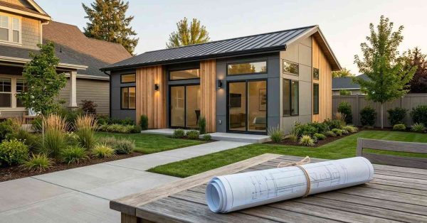 Modern backyard ADU with contemporary wood-and-metal exterior, landscaped yard, and rolled architectural plans on a foreground table.