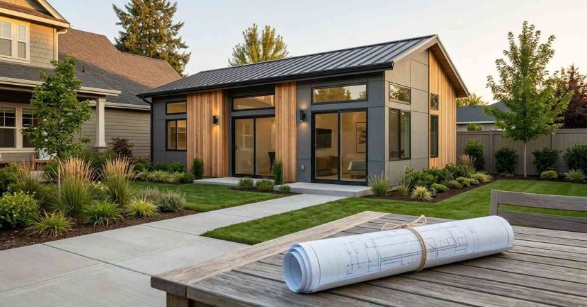 Modern backyard ADU with contemporary wood-and-metal exterior, landscaped yard, and rolled architectural plans on a foreground table.