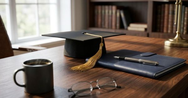 Graduation cap, notebook, fountain pen, coffee mug, and eyeglasses arranged on a wooden desk in a home office, symbolizing academic achievement and future planning.