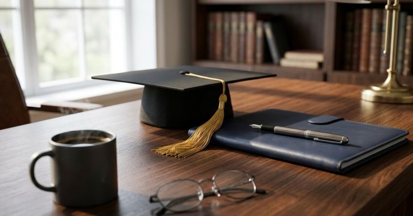 Graduation cap, notebook, fountain pen, coffee mug, and eyeglasses arranged on a wooden desk in a home office, symbolizing academic achievement and future planning.
