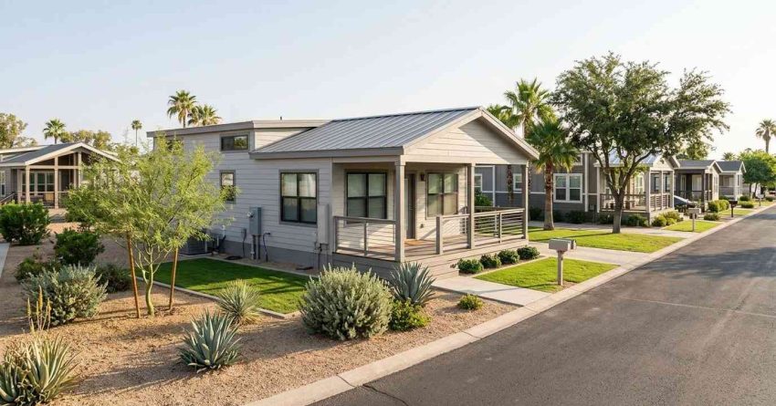 Modern park model home in a landscaped residential community with desert-friendly plants and paved streets.