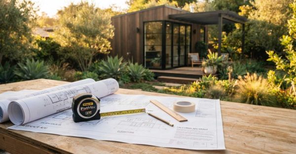Architectural blueprints, measuring tape, and drafting tools on a worktable with a modern backyard ADU under construction in the background.