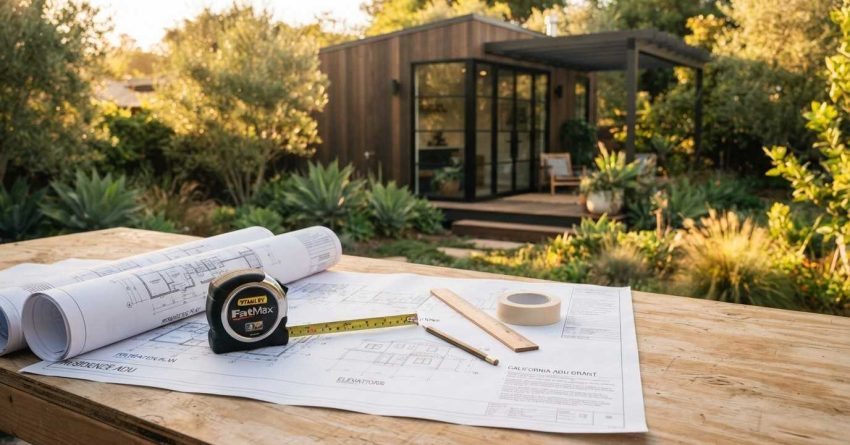 Architectural blueprints, measuring tape, and drafting tools on a worktable with a modern backyard ADU under construction in the background.