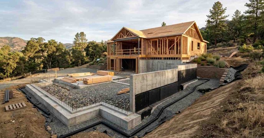 Hillside home construction with engineered concrete retaining walls, drainage systems, and elevated wood framing structure