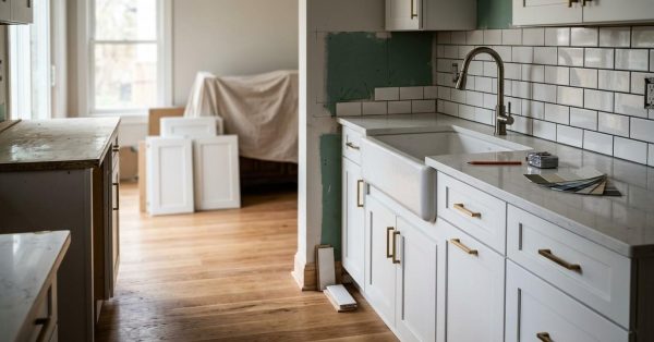 Partially remodeled kitchen with new white cabinets, farmhouse sink, subway tile backsplash, and renovation materials, showcasing an in-progress kitchen renovation.