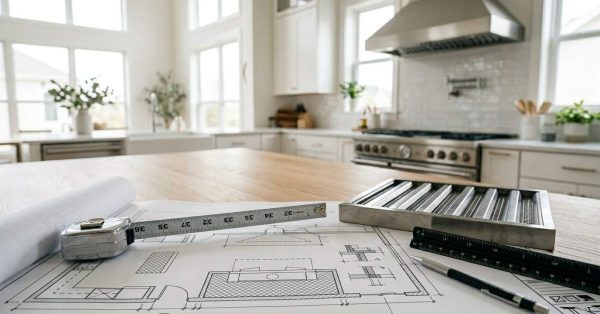 Kitchen renovation plans with measuring tape, vent grille, ruler, and blueprint layout on a countertop in a bright modern kitchen.