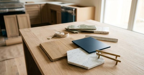 Kitchen renovation materials, including cabinet samples, countertop finishes, hardware, and measuring tools, displayed on a kitchen island for remodeling and design planning.