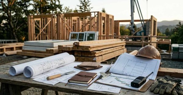 House framing under construction with blueprints, tools, and safety gear laid out on a jobsite workbench.
