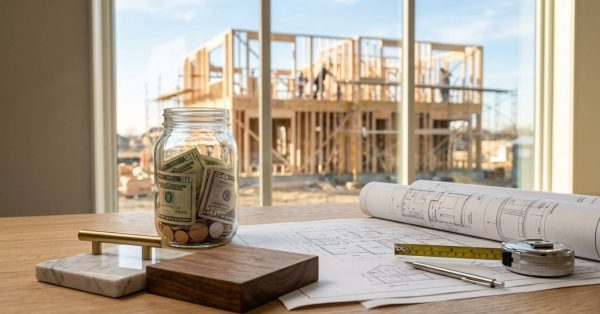 Construction budget planning with cash savings, blueprints, and measuring tools on a table overlooking a house under construction.