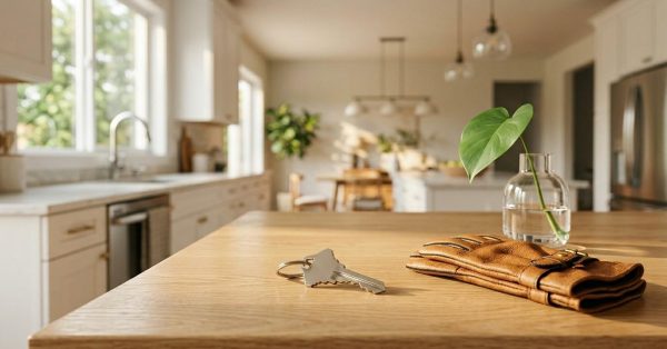 House keys and a brown leather wallet resting on a wooden kitchen island beside a glass vase with a green leaf in a bright, modern home interior filled with natural sunlight.