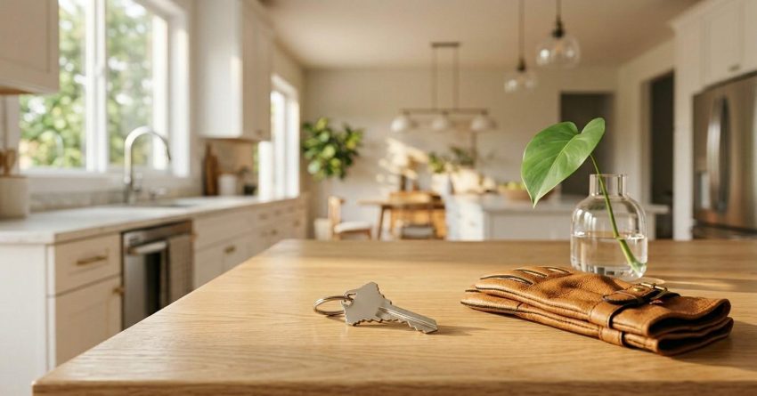 House keys and a brown leather wallet resting on a wooden kitchen island beside a glass vase with a green leaf in a bright, modern home interior filled with natural sunlight.