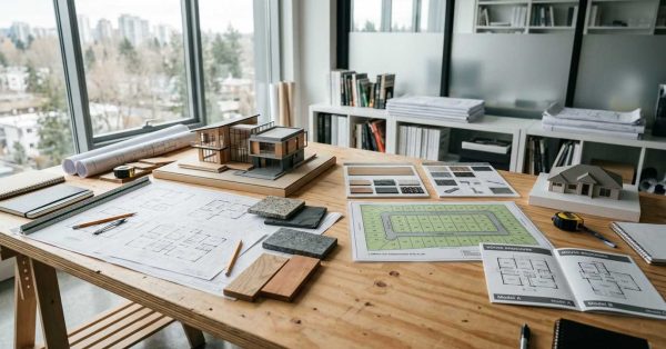 Home building project plans, architectural models, and material samples displayed on a design studio workspace.