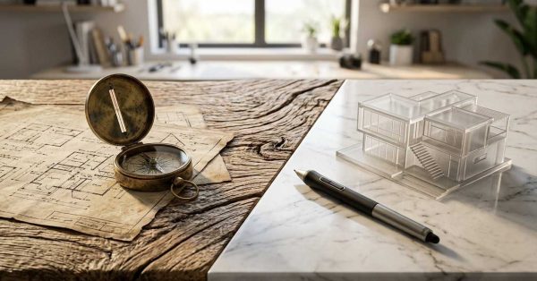 Compass, vintage blueprints, architectural model, and digital design tools displayed on a split wood and marble workspace.