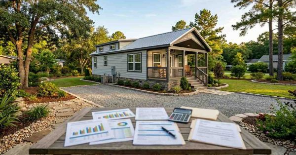 Park model home with front porch, landscaped yard, and financial documents on a table in the foreground.