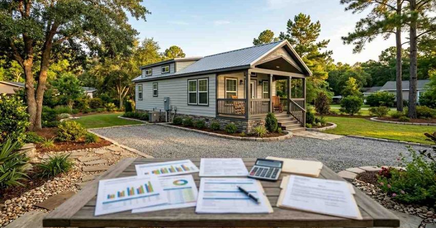 Park model home with front porch, landscaped yard, and financial documents on a table in the foreground.